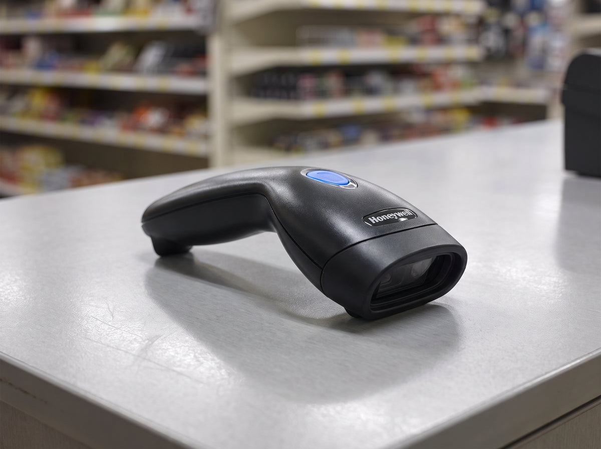 Honeywell MS5145 Eclipse single-line 1D laser barcode scanner in black on a retail checkout counter — AI-generated image
