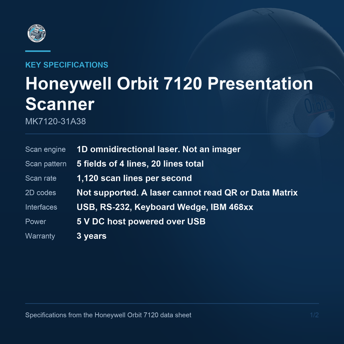 Honeywell Orbit 7120 Presentation Scanner MK7120-31A38 key specifications