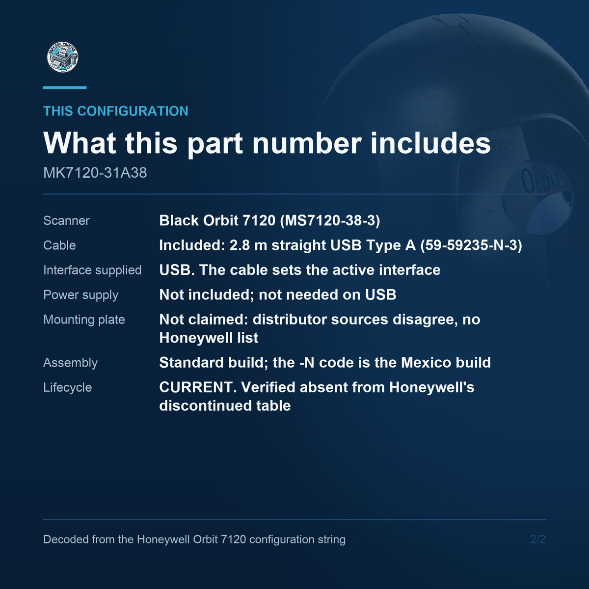 Honeywell Orbit 7120 Presentation Scanner MK7120-31A38 - What this part number includes