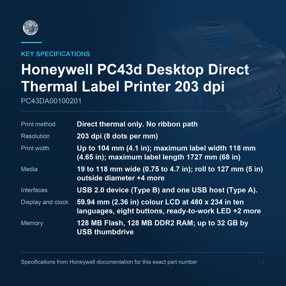 Honeywell PC43d Desktop Direct Thermal Label Printer PC43DA00100201 key specifications