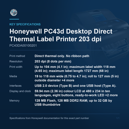 Honeywell PC43d Desktop Direct Thermal Label Printer PC43DA00100201 key specifications