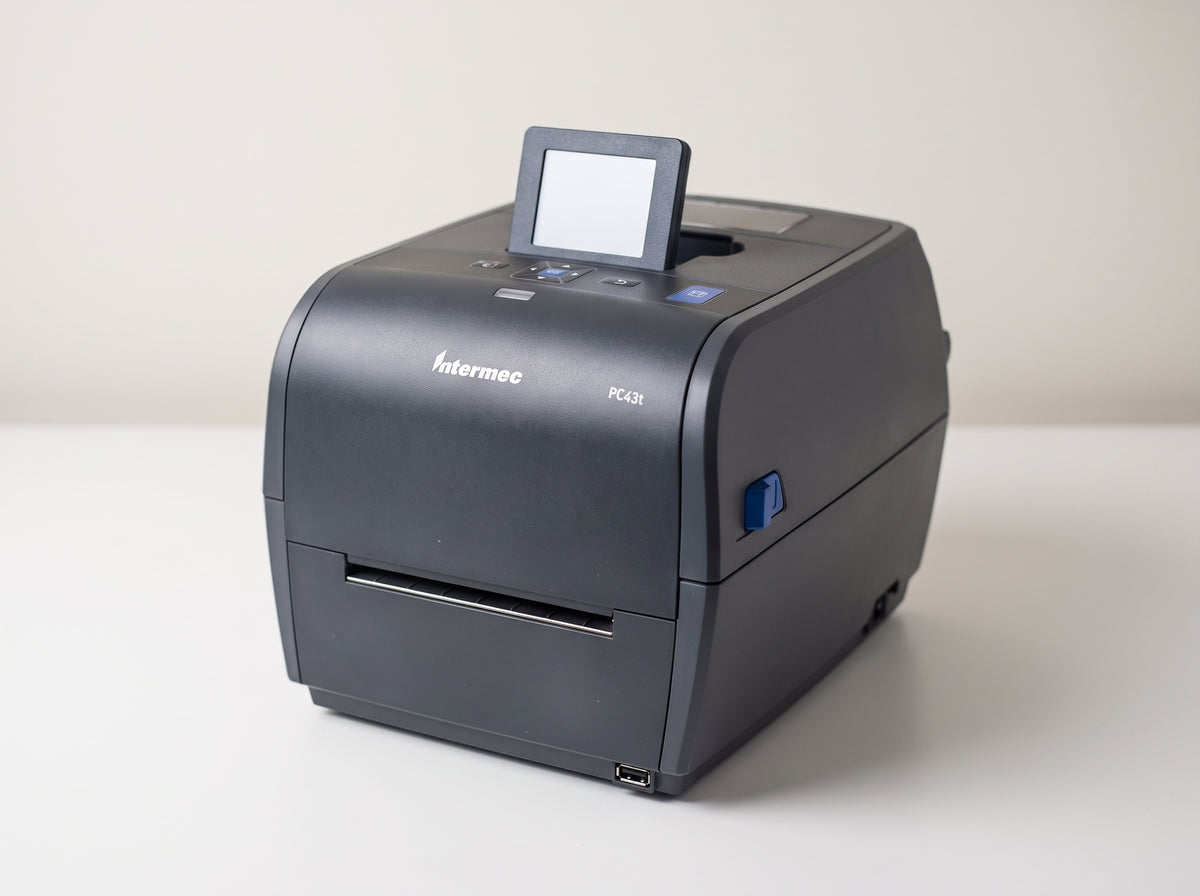 Honeywell PC43t desktop thermal transfer label printer, front view with colour LCD — AI-generated image