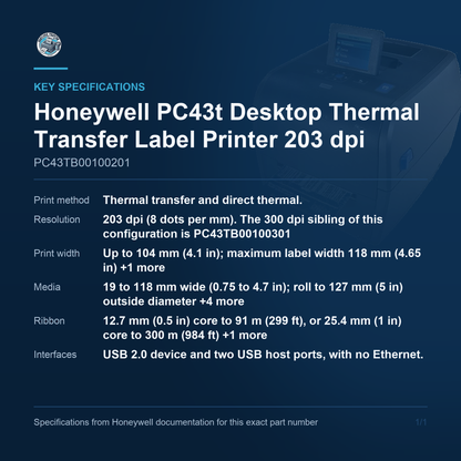 Honeywell PC43t Desktop Thermal Transfer Label Printer PC43TB00100201 key specifications