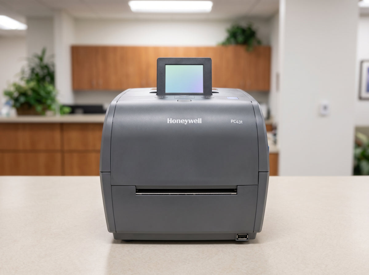 Honeywell PC43t desktop thermal transfer label printer in dark grey on a retail checkout counter — AI-generated image