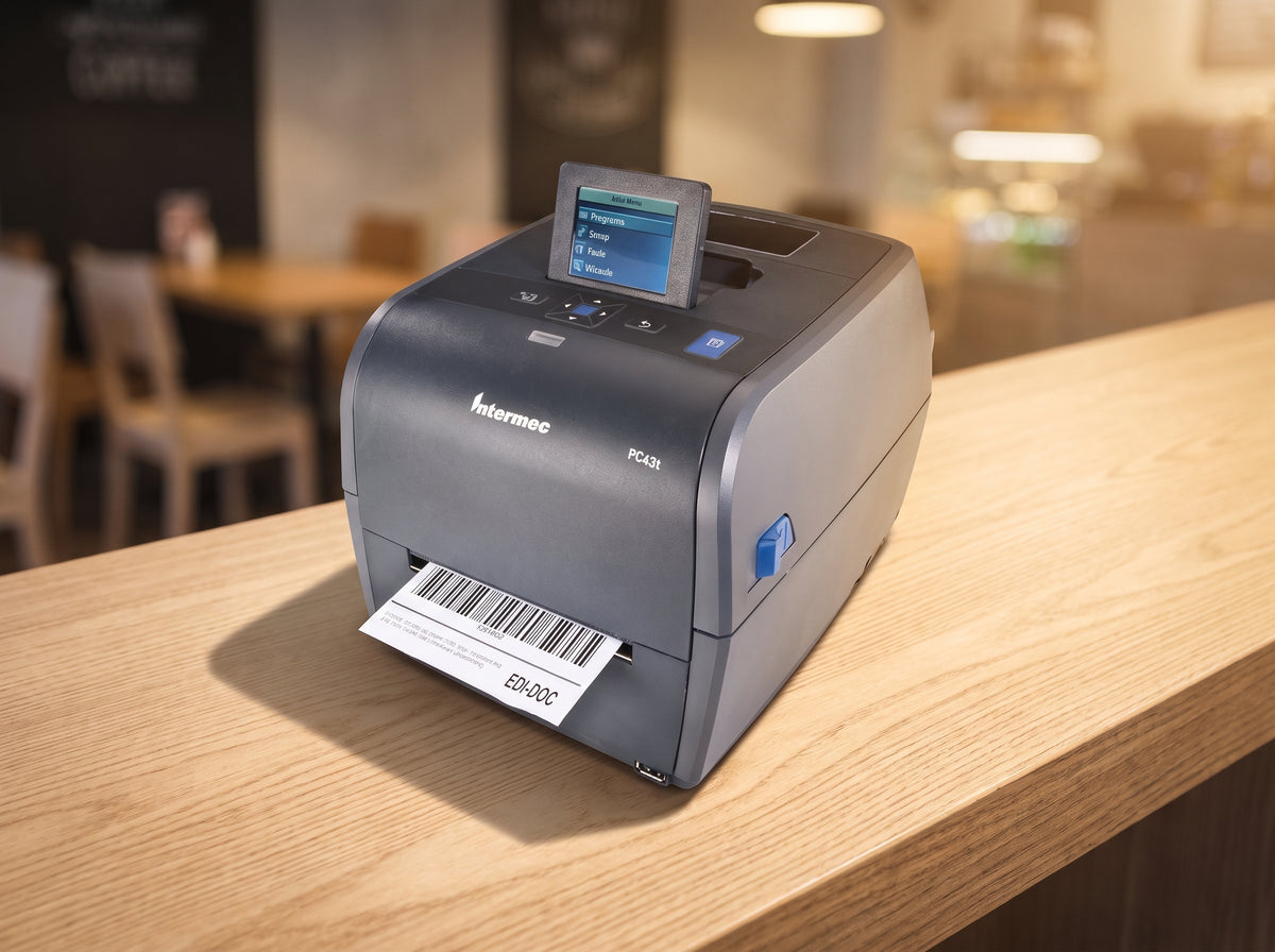 Honeywell PC43t desktop thermal transfer label printer on a wooden cafe counter — AI-generated image