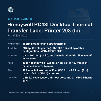 Honeywell PC43t Desktop Thermal Transfer Label Printer PC43TB01100201 key specifications