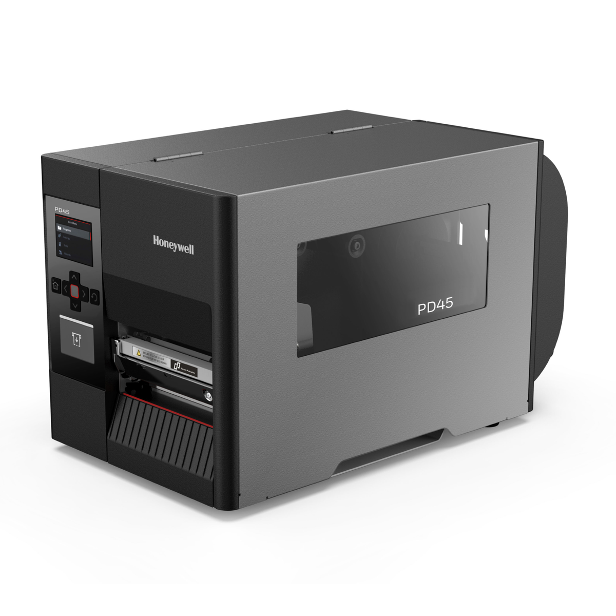 Honeywell PD45 industrial label printer, front-left three-quarter view of the chassis and control panel