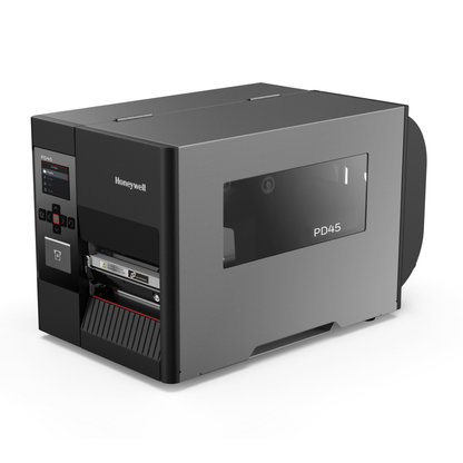 Honeywell PD45 industrial label printer, front-left three-quarter view of the chassis and control panel