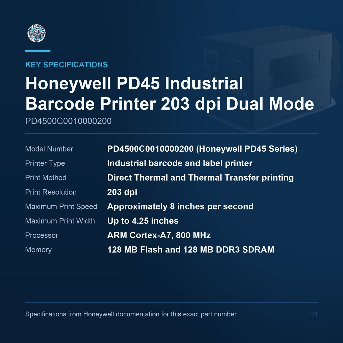 Honeywell PD45 Industrial Barcode Printer 203 dpi PD4500C0010000200 key specifications