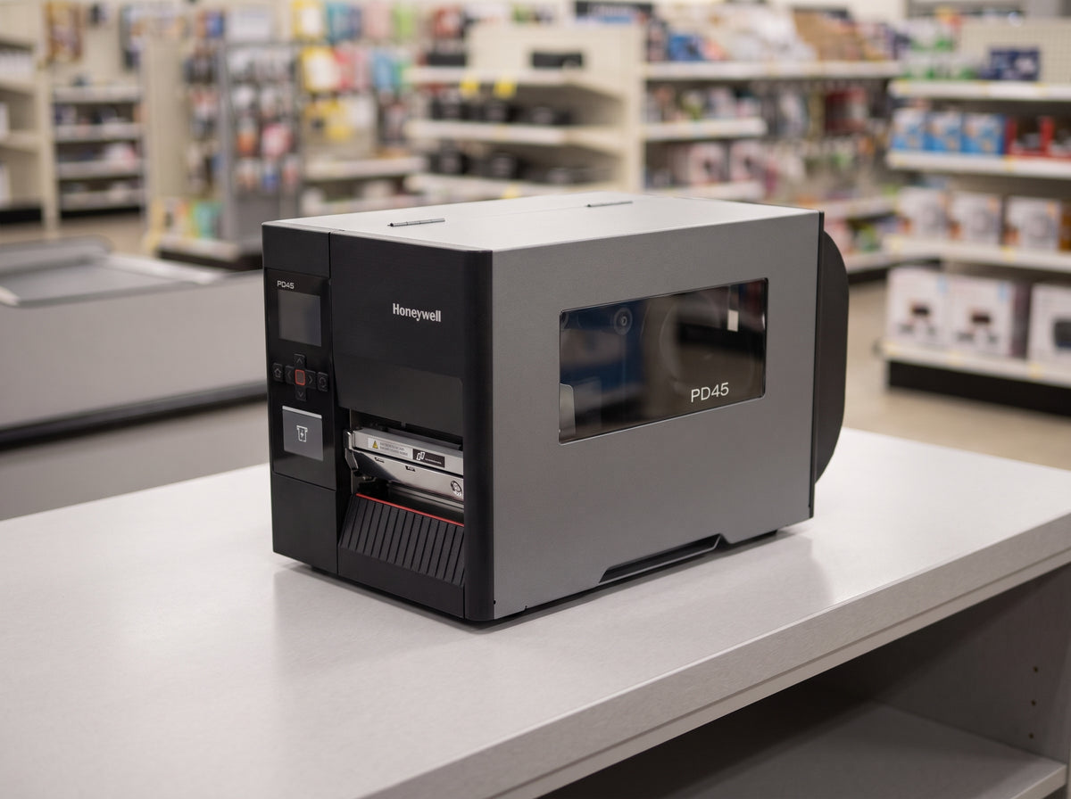 Honeywell PD45S industrial thermal transfer label printer in dark grey on a retail checkout counter — AI-generated image