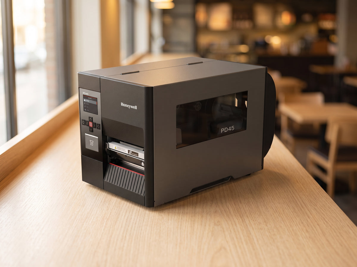 Honeywell PD45S industrial thermal transfer label printer in dark grey in a pharmacy dispensary — AI-generated image