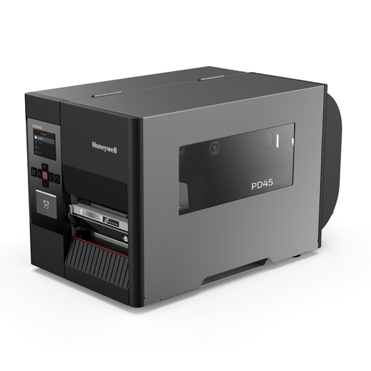 Honeywell PD45S industrial label printer, three-quarter view of the keypad panel