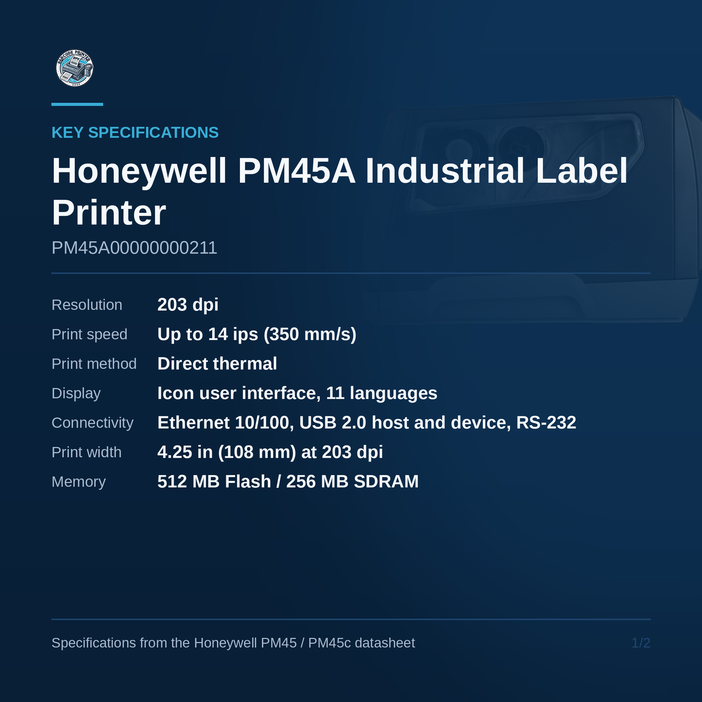 Honeywell PM45A PM45A00000000211 key specifications — 203 dpi, direct thermal, icon user interface, Ethernet