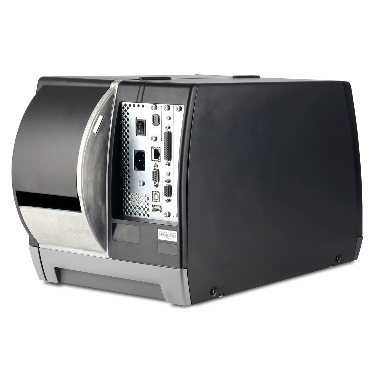 Honeywell PM45A industrial label printer rear view showing the Ethernet, USB and serial interface panel