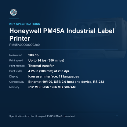 Honeywell PM45A industrial label printer PM45A00000000200 key specifications