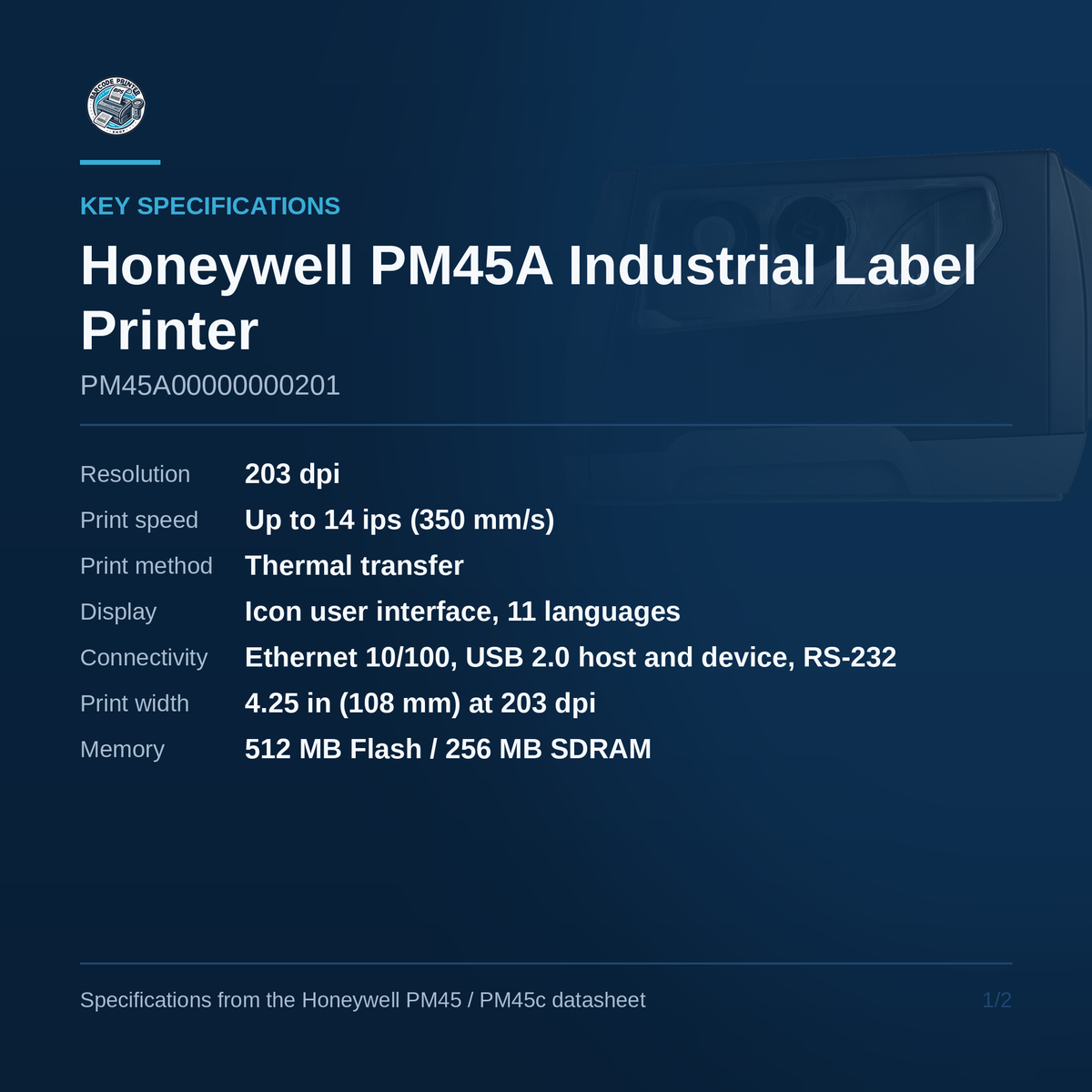 Honeywell PM45A PM45A00000000201 key specifications — 203 dpi, thermal transfer, icon user interface, Ethernet
