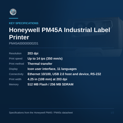Honeywell PM45A PM45A00000000201 key specifications — 203 dpi, thermal transfer, icon user interface, Ethernet