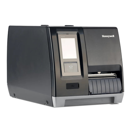 Honeywell PM45A industrial label printer viewed from the left with the media door closed