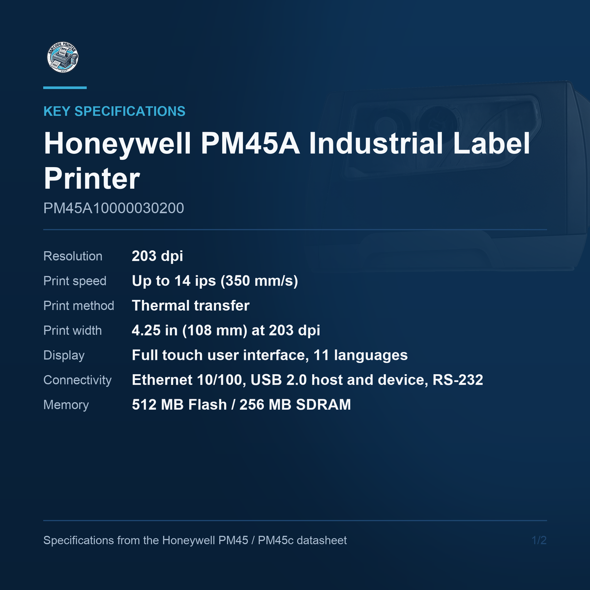 Honeywell PM45A industrial label printer PM45A10000030200 key specifications