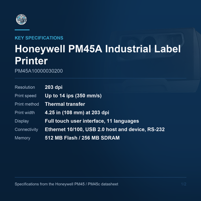 Honeywell PM45A industrial label printer PM45A10000030200 key specifications