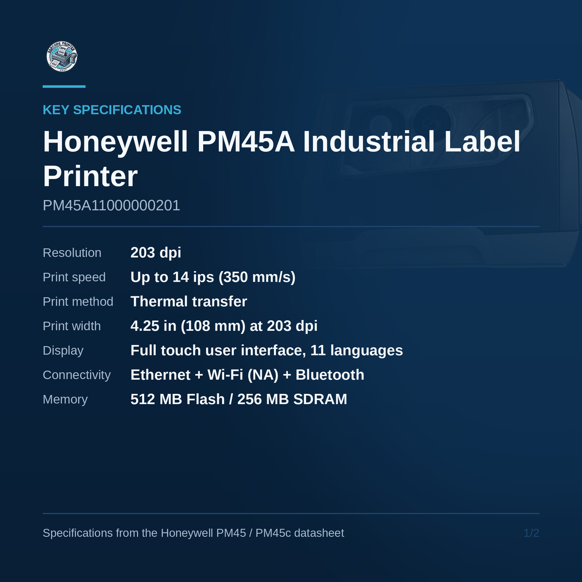 Honeywell PM45A industrial label printer PM45A11000000201 key specifications