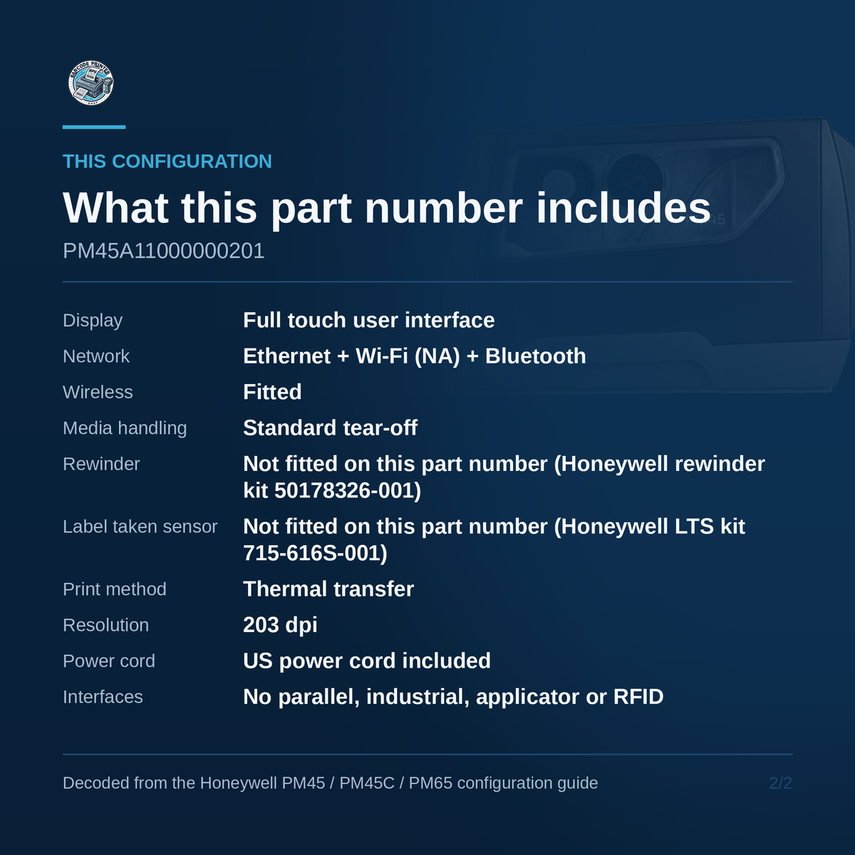 Honeywell PM45A industrial label printer PM45A11000000201 configuration detail, what this exact part number includes and omits