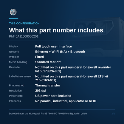 Honeywell PM45A industrial label printer PM45A11000000201 configuration detail, what this exact part number includes and omits