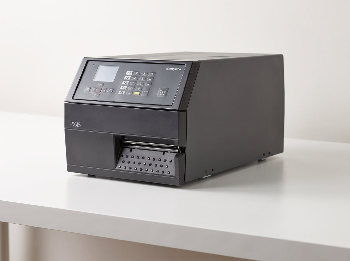 Honeywell PX45 high-performance industrial label printer in dark grey on a retail checkout counter — AI-generated image