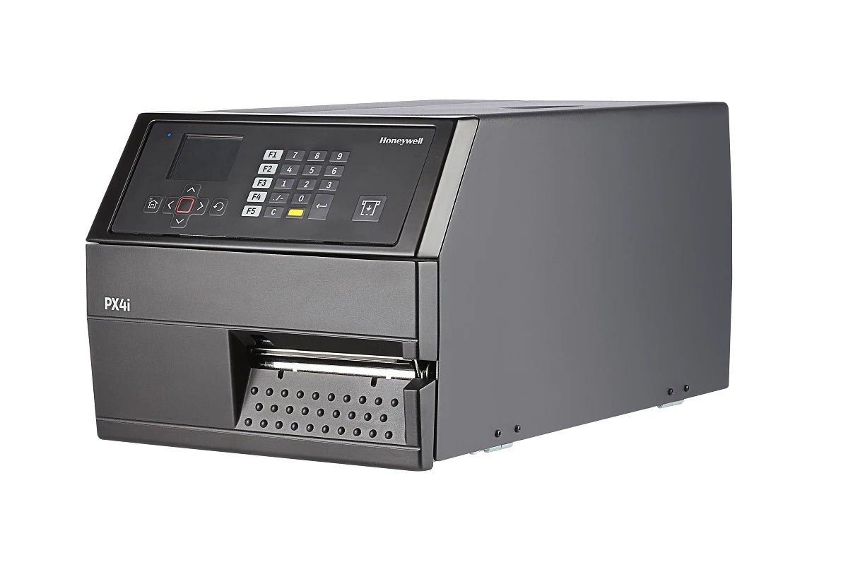 Honeywell PX4ie industrial thermal transfer label printer, front three-quarter view showing the colour display and keypad