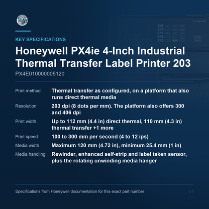 Honeywell PX4ie 4-Inch Industrial Thermal Transfer PX4E010000005120 key specifications