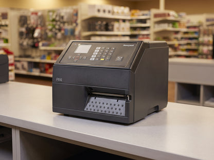 Honeywell PX4ie industrial thermal transfer label printer in black on a retail counter — AI-generated image