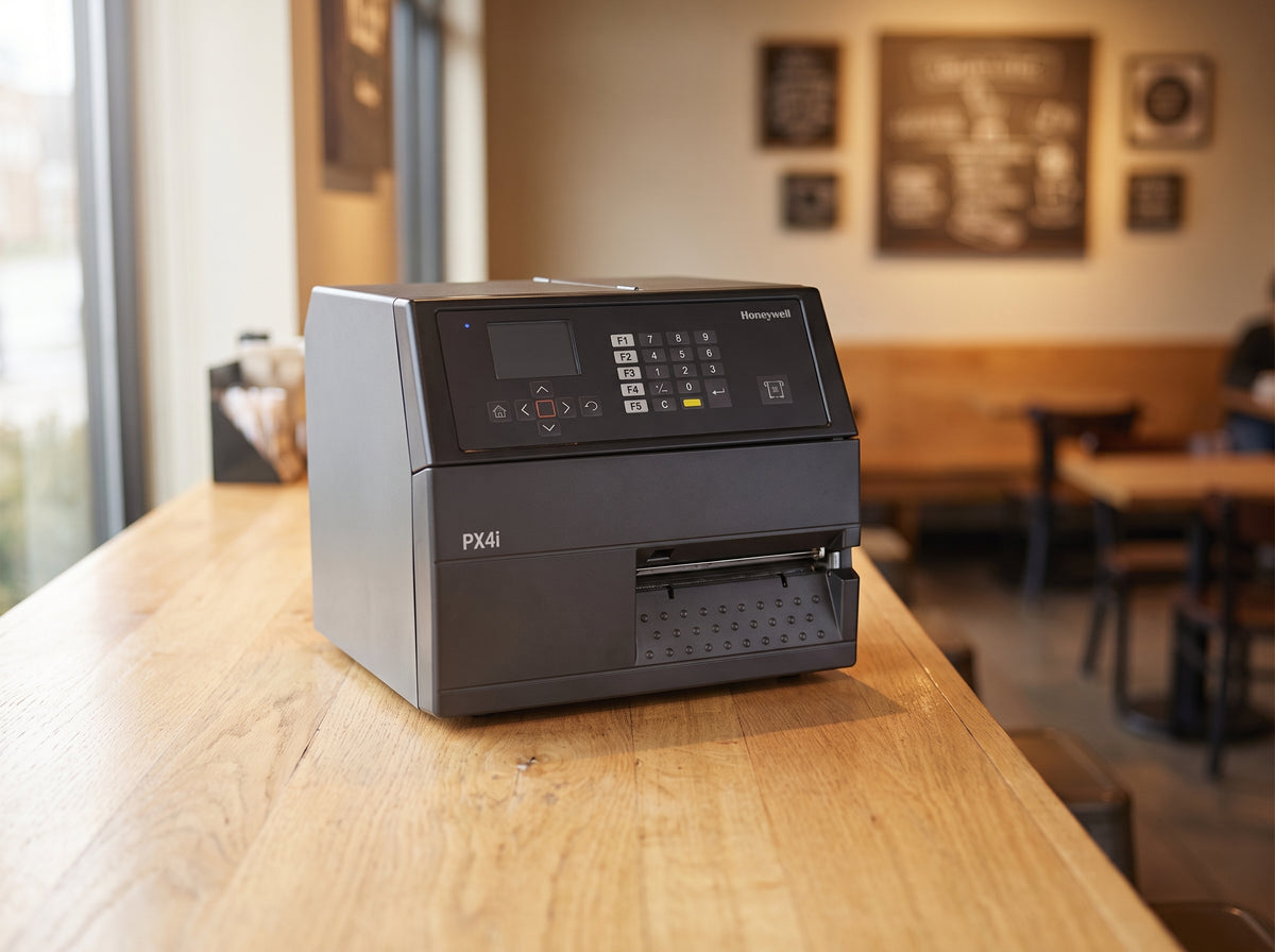 Honeywell PX4ie industrial thermal transfer label printer in black on a wooden cafe counter — AI-generated image