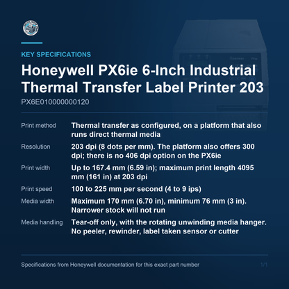 Honeywell PX6ie 6-Inch Industrial Thermal Transfer PX6E010000000120 key specifications
