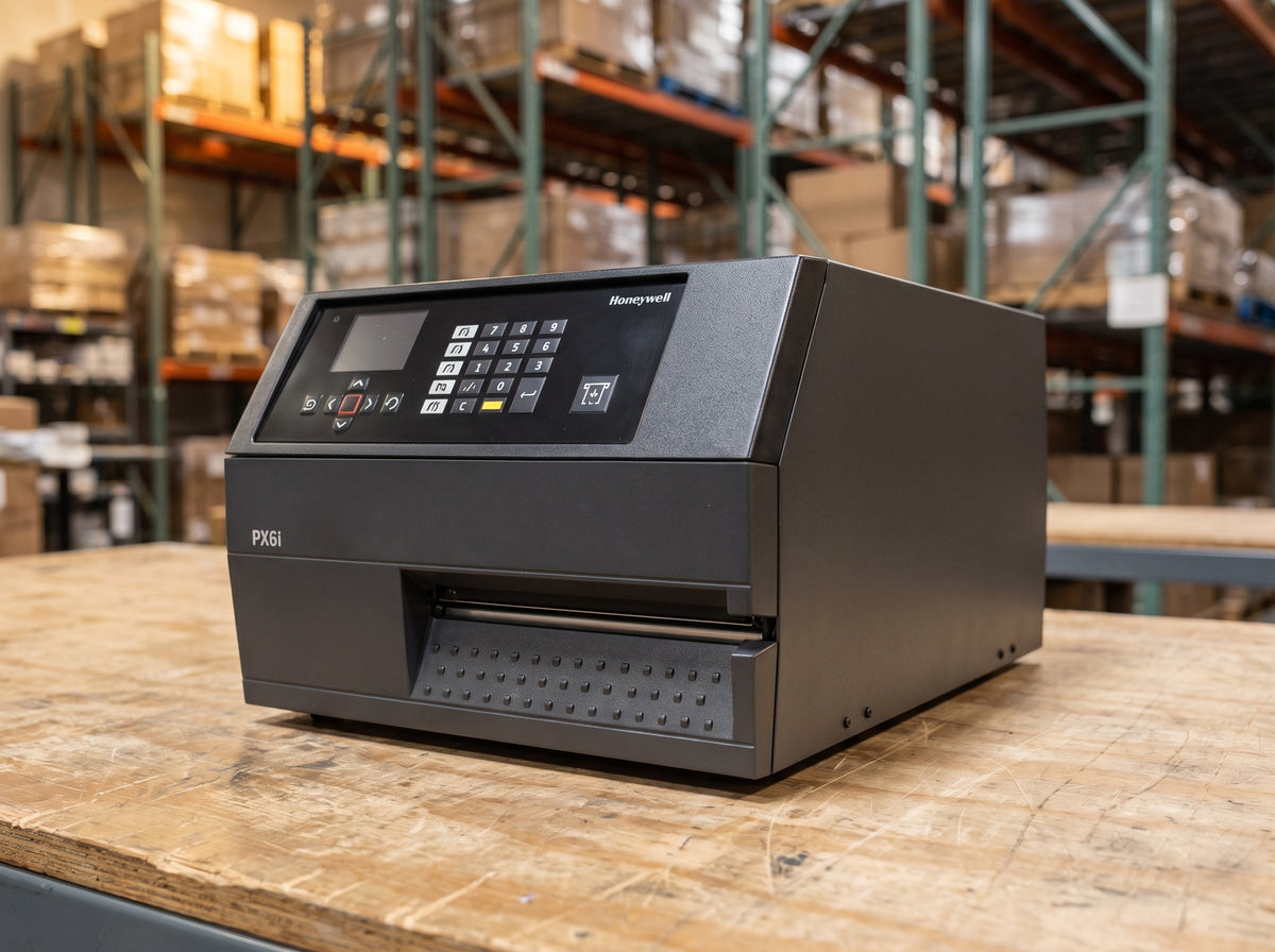 Honeywell PX6ie 6-inch industrial thermal transfer label printer in black in a warehouse aisle on a wooden packing bench — AI-generated image