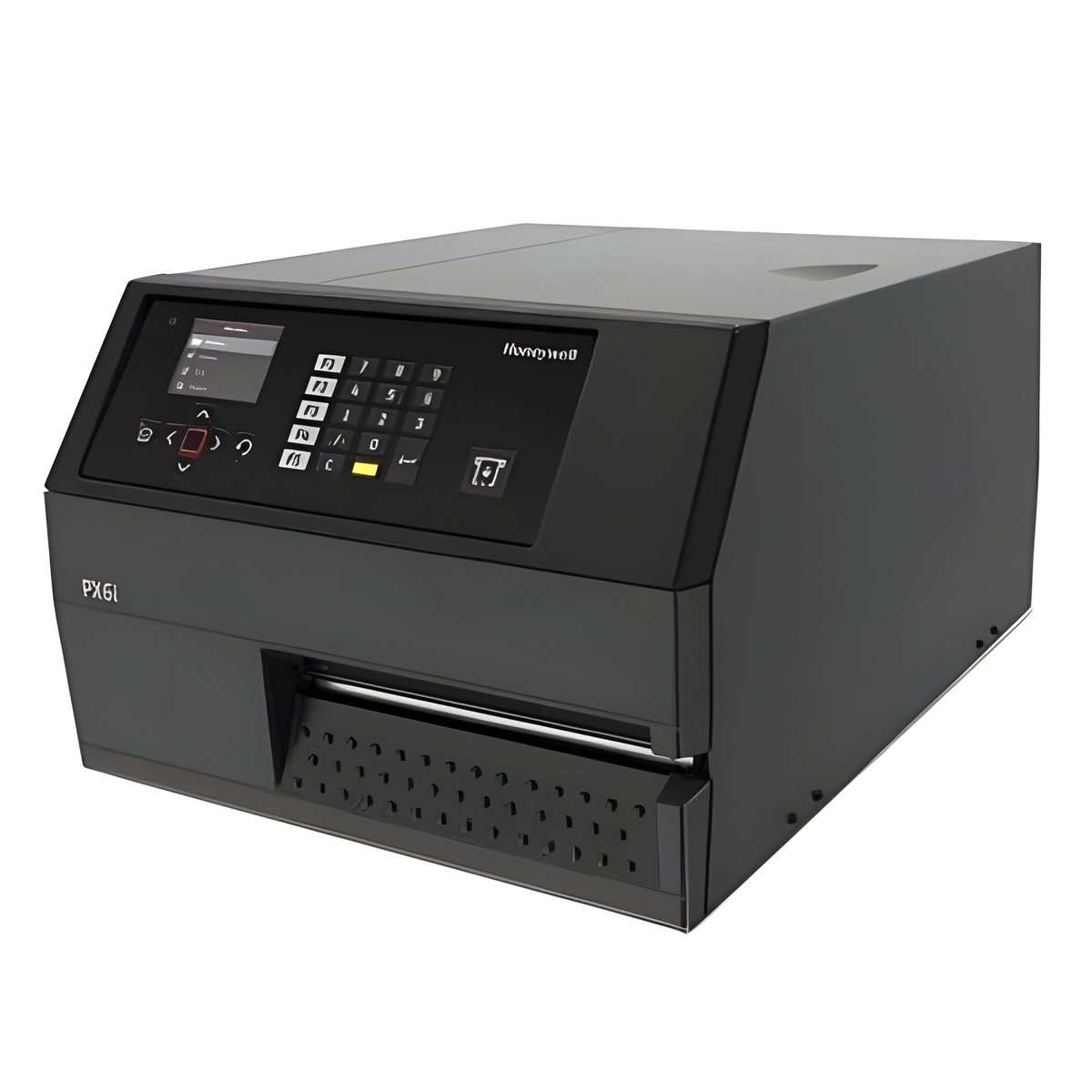 Honeywell PX6ie 6-inch industrial thermal transfer label printer, front three-quarter view showing the colour display and keypad