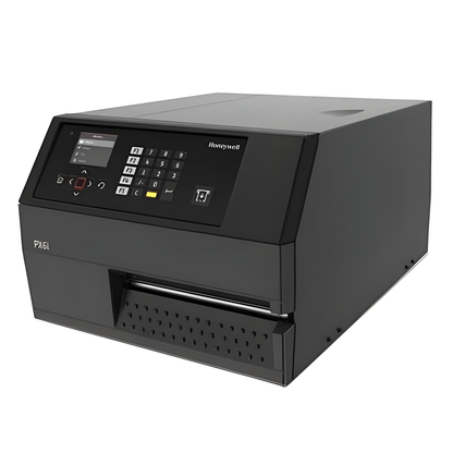 Honeywell PX6ie 6-inch industrial thermal transfer label printer, front three-quarter view showing the colour display and keypad