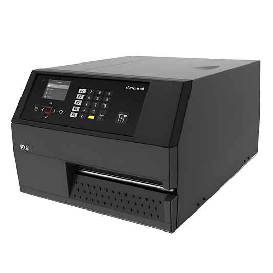 Honeywell PX6ie 6-inch industrial thermal transfer label printer, front three-quarter view showing the colour display and keypad