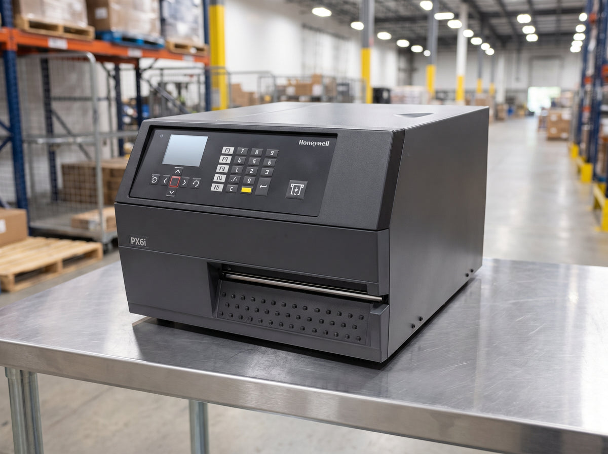Honeywell PX6ie 6-inch industrial thermal transfer label printer in black on a stainless steel bench in a distribution centre — AI-generated image