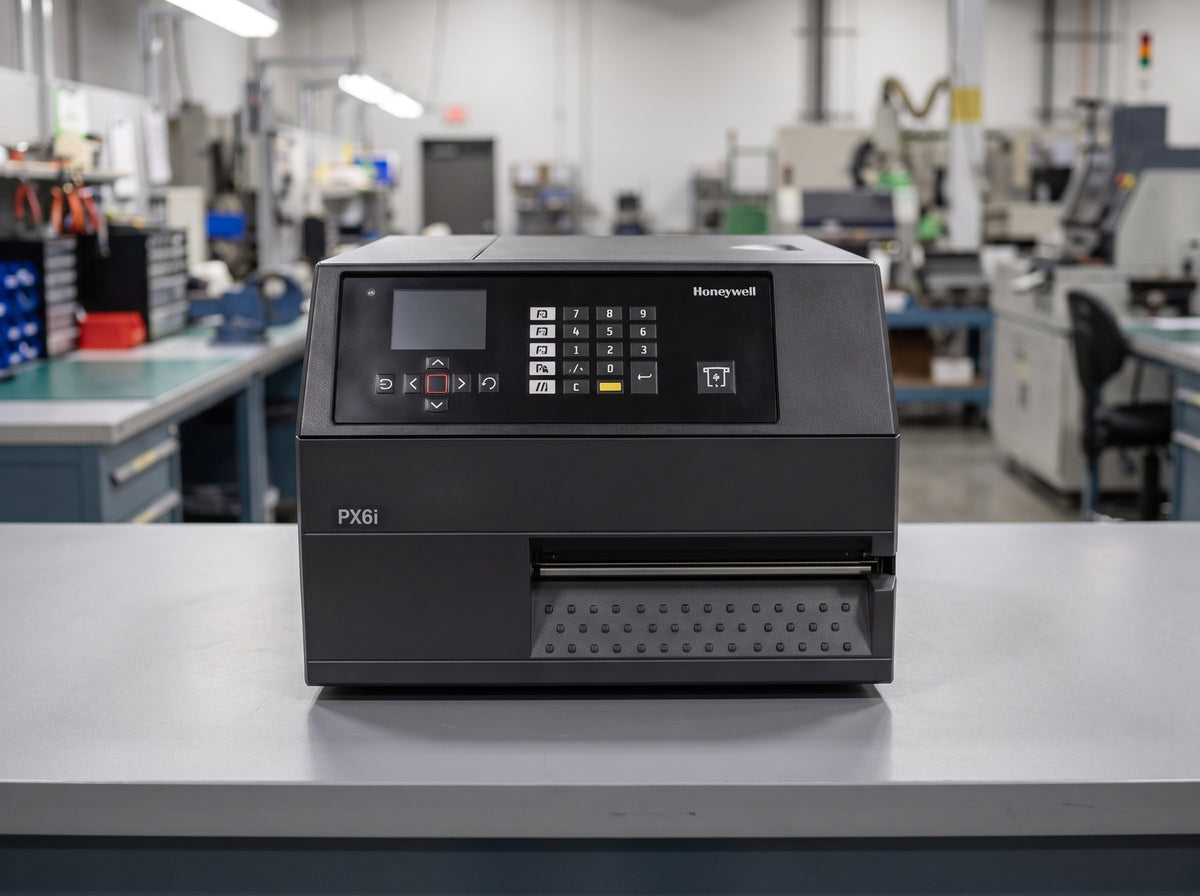 Honeywell PX6ie 6-inch industrial thermal transfer label printer in black on a grey worktop in a manufacturing area — AI-generated image