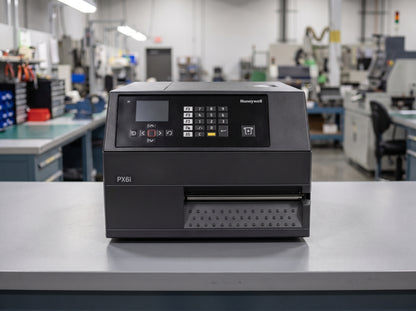 Honeywell PX6ie 6-inch industrial thermal transfer label printer in black on a grey worktop in a manufacturing area — AI-generated image