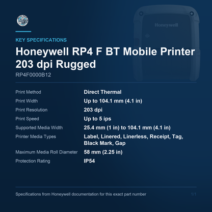 Honeywell RP4 F BT Mobile Printer 203 dpi Rugged RP4F0000B12 key specifications