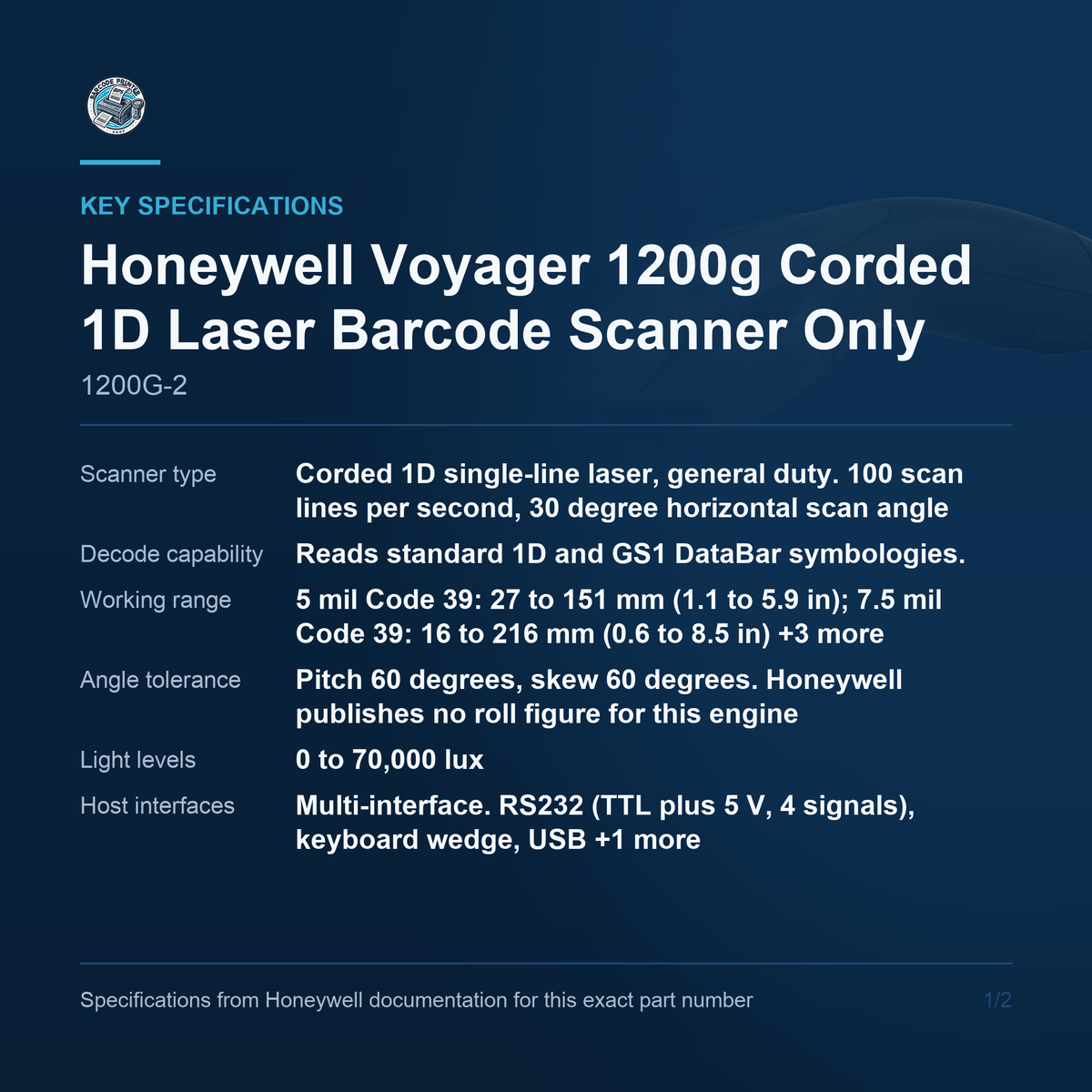 Honeywell Voyager 1200g Corded 1D Laser Barcode Scanner Only 1200G-2 key specifications