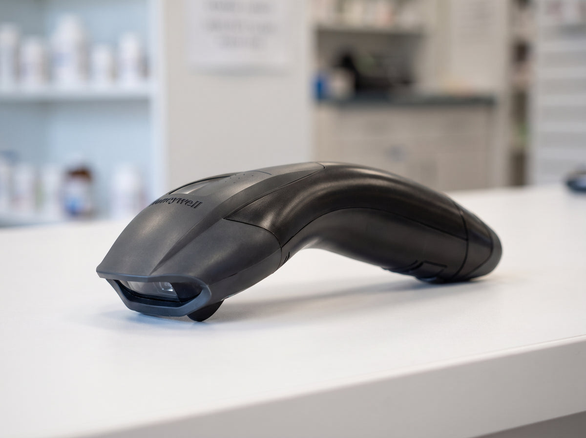 Honeywell Voyager 1200g corded 1D laser barcode scanner in black on a cafe counter — AI-generated image