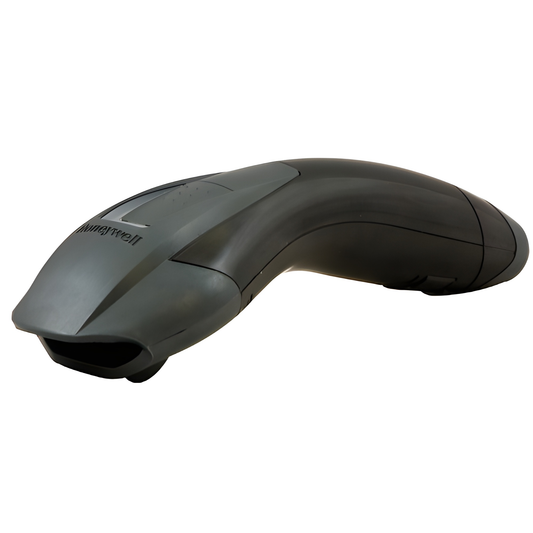 Honeywell Voyager 1200g corded laser barcode scanner in black, side view
