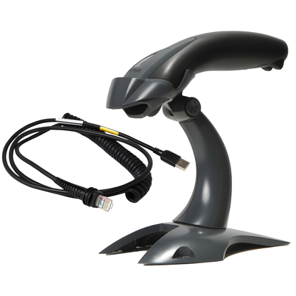 Honeywell Voyager 1200g scanner in its rigid presentation stand with USB cable
