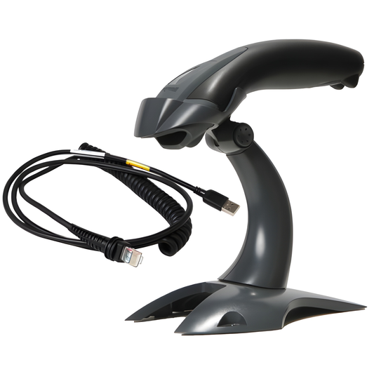 Honeywell Voyager 1200g scanner in its rigid presentation stand with USB cable