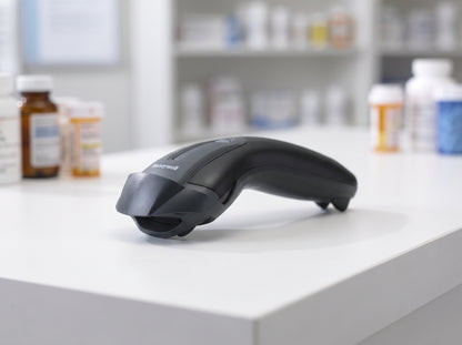 Honeywell Voyager 1200g corded 1D laser barcode scanner in black on a retail checkout counter — AI-generated image