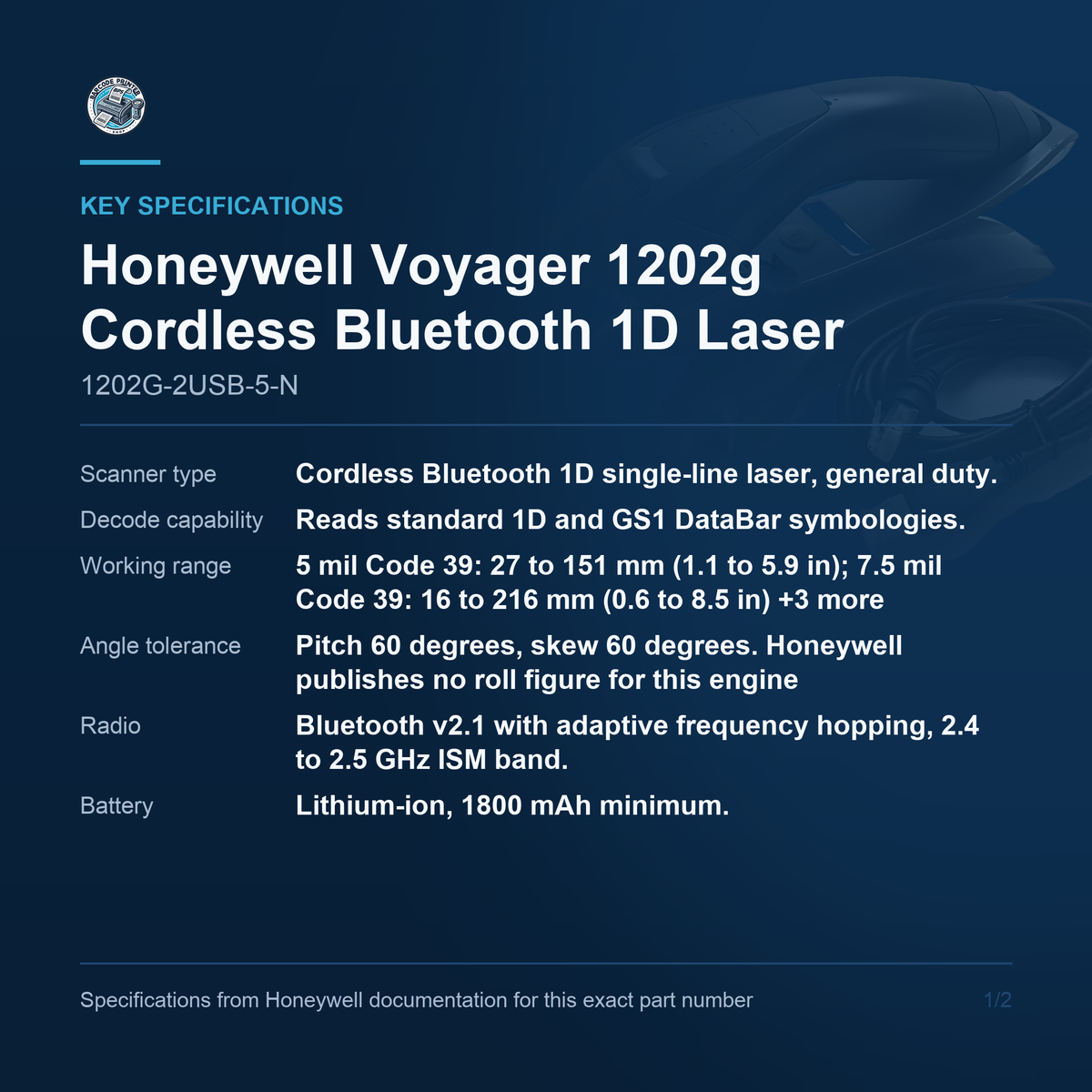 Honeywell Voyager 1202g Cordless Bluetooth 1D Laser 1202G-2USB-5-N key specifications