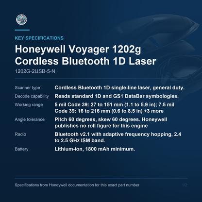 Honeywell Voyager 1202g Cordless Bluetooth 1D Laser 1202G-2USB-5-N key specifications