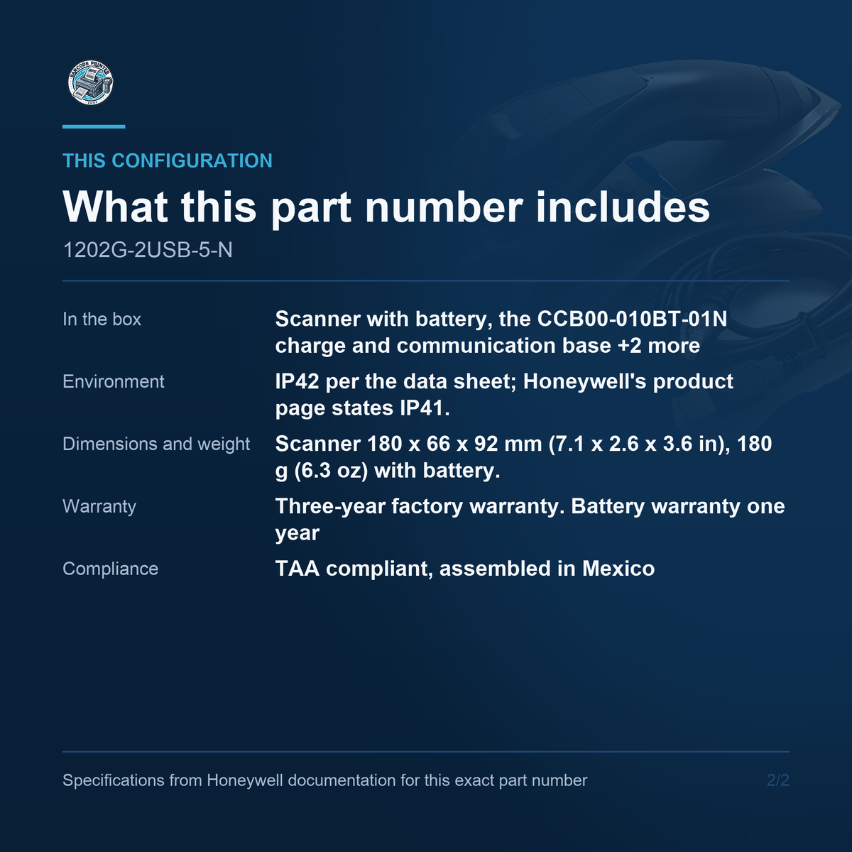 Honeywell Voyager 1202g Cordless Bluetooth 1202G-2USB-5-N configuration and what ships